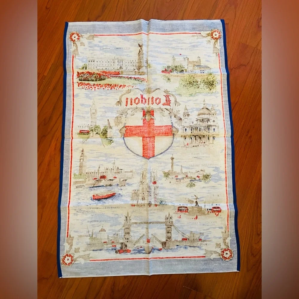 Vintage Cotton Tea Towel London Clive Mayor Souvenir Big Ben Buckingham Bridge
